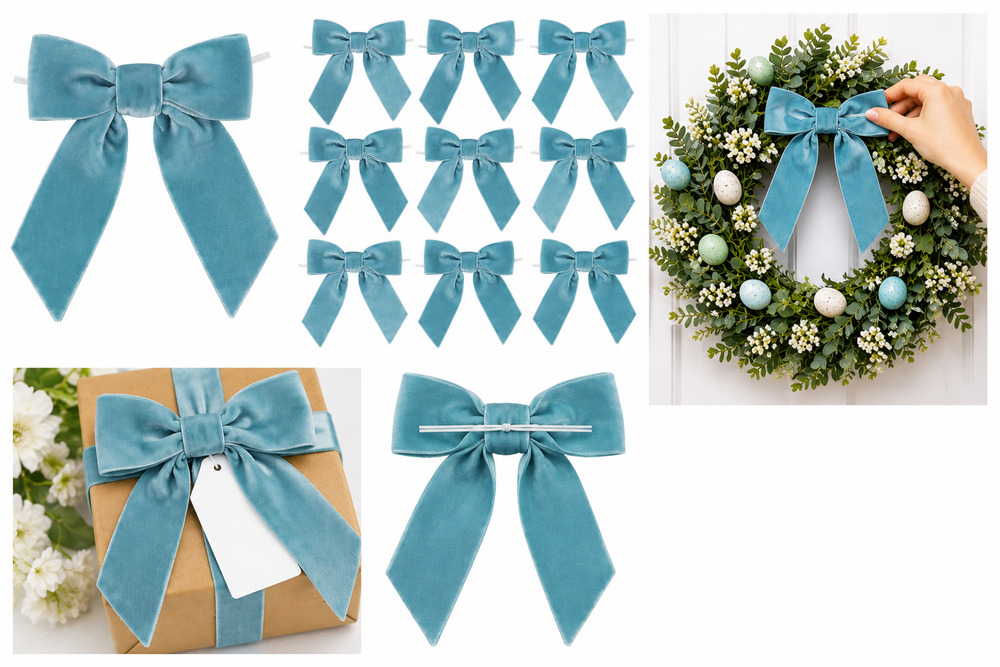 12-Pack Baby Blue Velvet Decorative Bows with Twist Ties